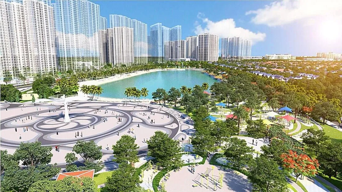 Ảnh minh họa công viên và đài phun nước tại khu đô thị Vinhomes
