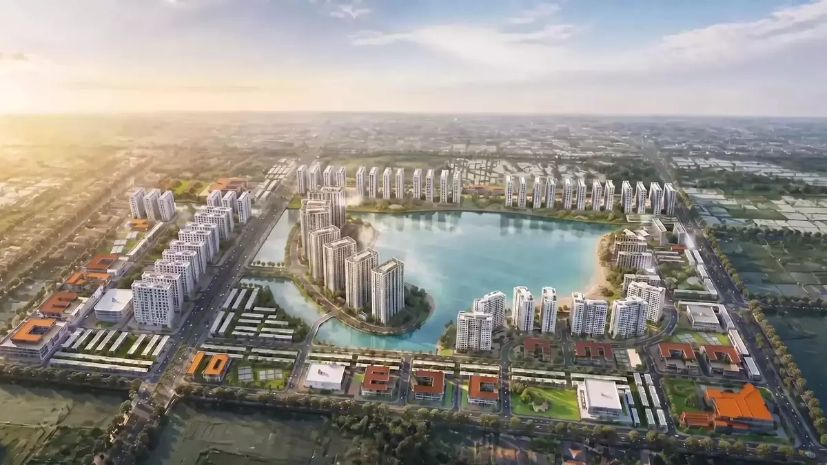Phối cảnh một khu đô thị thuộc hệ sinh thái Vinhomes với hồ nước trung tâm và các tòa căn hộ cao tầng